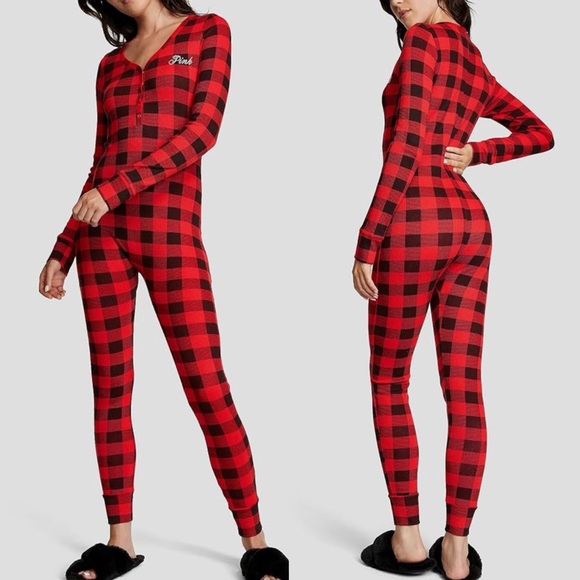 PINK Victoria's Secret Other - PINK Victoria’s Secret Thermal Sleep Onesie Buffalo Check Plaid Red Black